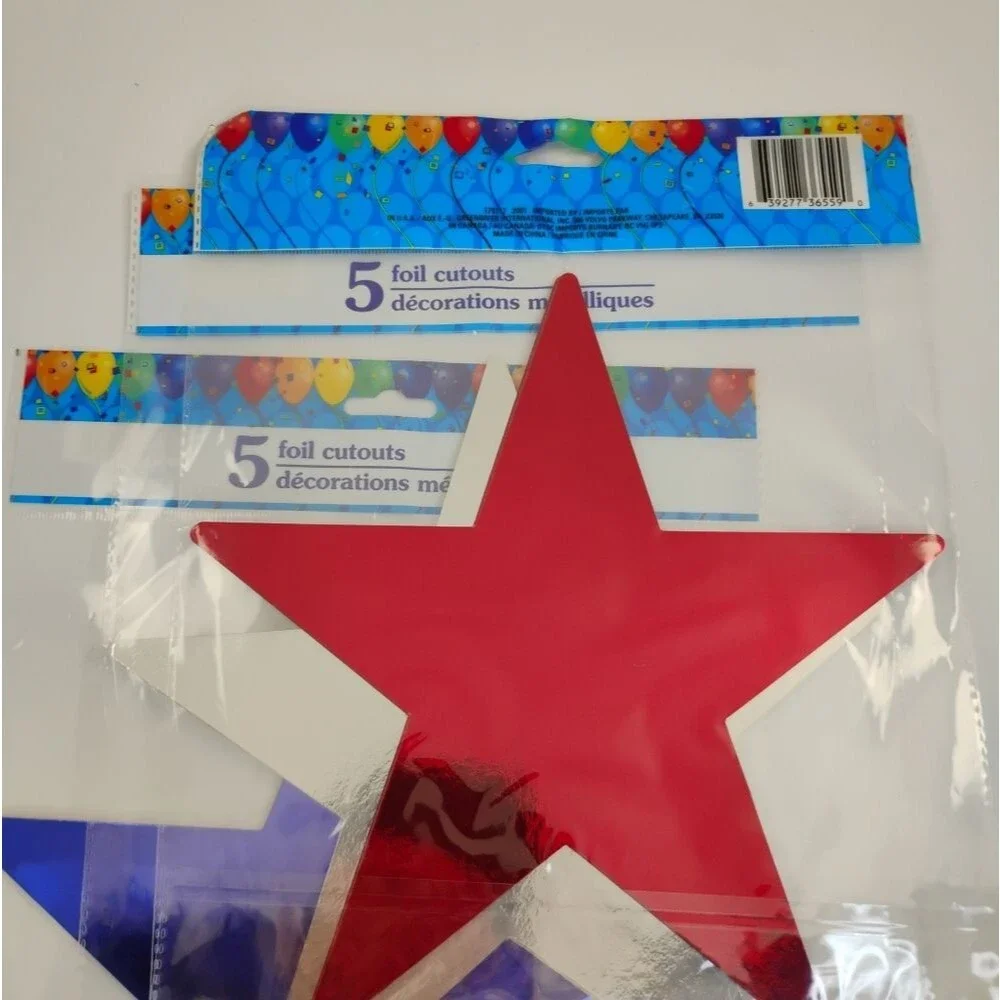 USA Star Foil Cutouts Red Blue Silver Lot total of 15 Stars Patriotic NWT